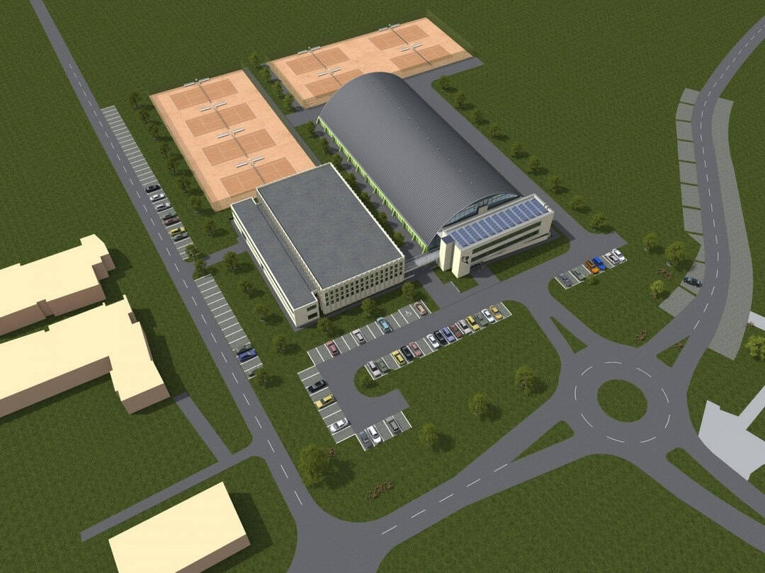 Vizualizace montované ocelové tenisové haly Debrecín se čtyřmi kurty a venkovními hřišti. Realizovala společnost HUPRO SYSTEMS SE.