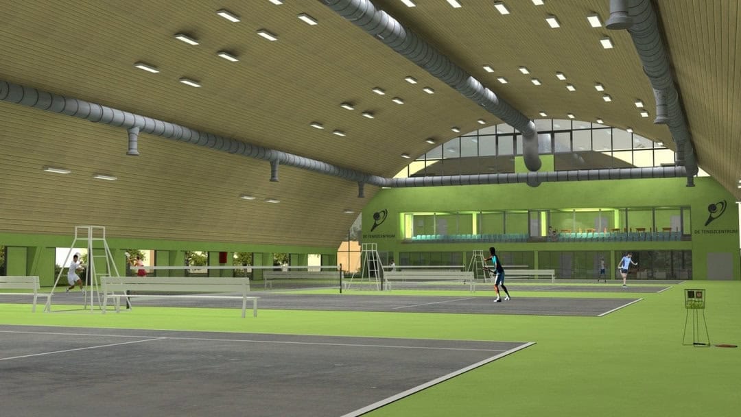 Tenisová hala Debrecín s moderní ocelovou konstrukcí a tribunou pro diváky, realizace HUPRO SYSTEMS SE