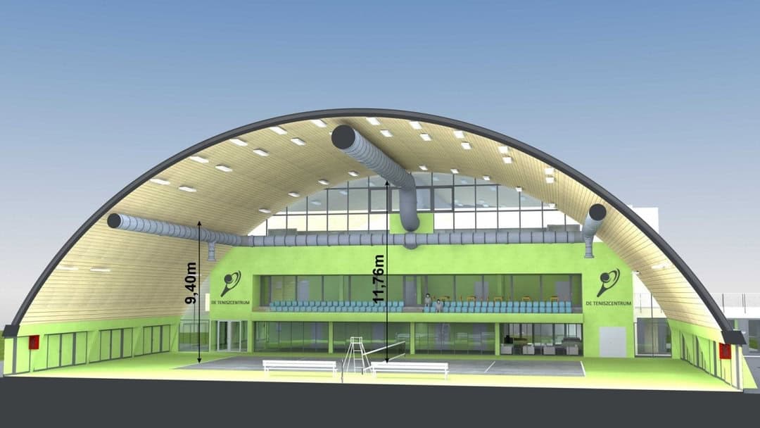 Architektonický řez tenisová hala Debrecín s výškou 11,76 metru a ocelovou obloukovou konstrukcí, realizace HUPRO SYSTEMS SE