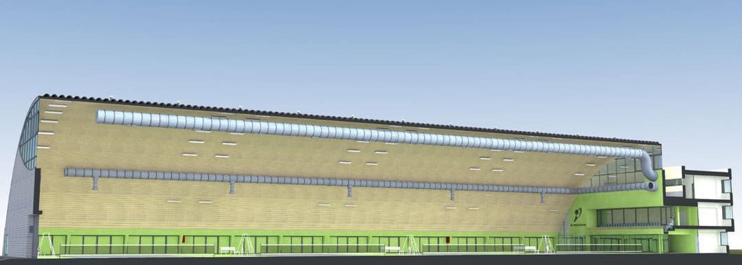 Tenisová hala Debrecín a její vizualizace s obloukovou ocelovou konstrukcí, systémem ventilace a prosklenou částí s tribunou, realizace HUPRO SYSTEMS SE