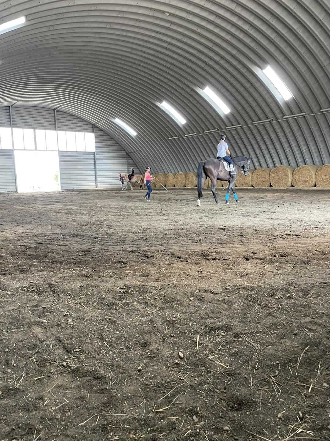 Jízdárna v Břeclavi s jezdeckým výcvikem uvnitř obloukové montované ocelové haly. Realizace HUPRO SYSTEMS SE.