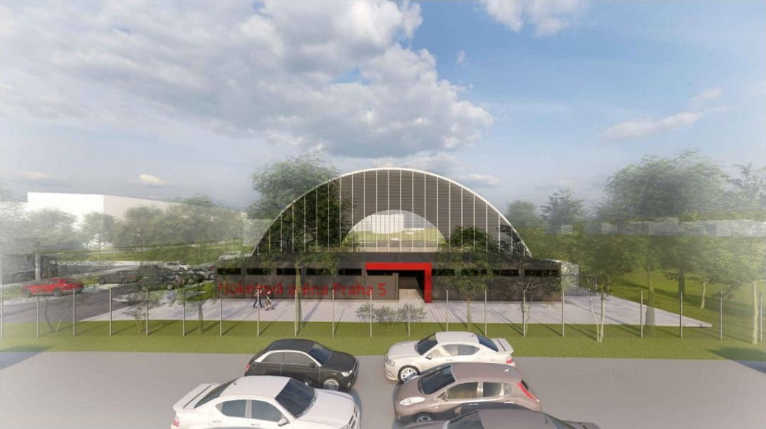 Architektonická vizualizace SPM Areny Praha, moderní hokejové haly s obloukovou střechou, červeným vstupem a parkovištěm v popředí, návrh projektu HUPRO SYSTEMS SE
