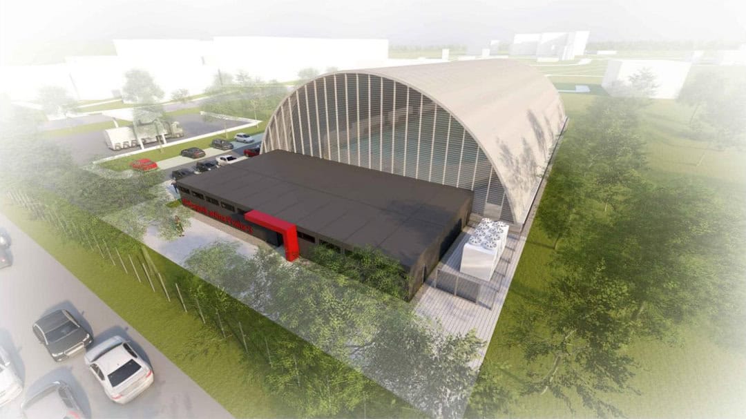 Hokejové hala SPM Arena Praha architektonická vizualizace s obloukovou střechou, moderním vstupem a parkovištěm v popředí, návrh HUPRO SYSTEMS SE