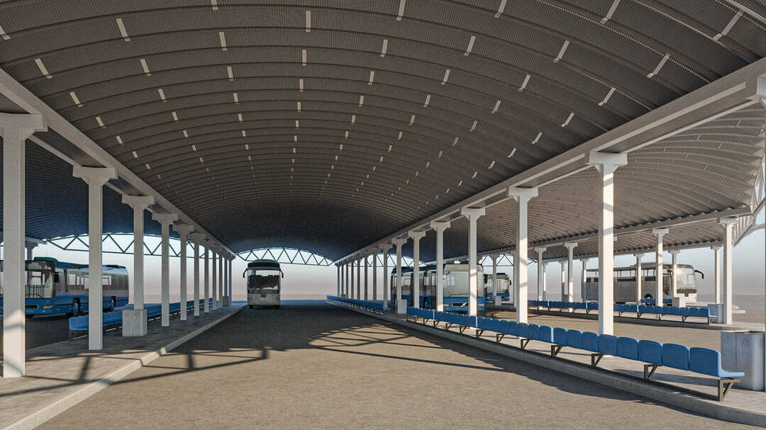 Oblouková ocelová montovaná hala využitá jako moderní autobusové nádraží s přístřeškem pro cestující a parkovacími stáními. Realizace HUPRO SYSTEMS SE.