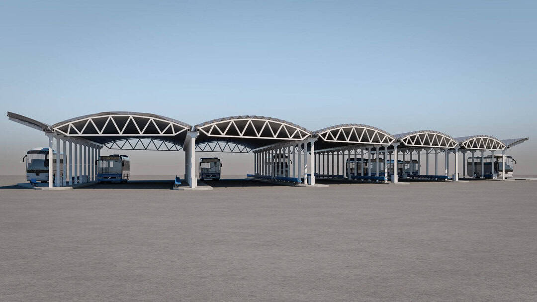 Oblouková ocelová montovaná hala se segmentovou konstrukcí využitá jako moderní autobusové nádraží s krytými nástupišti. Realizace HUPRO SYSTEMS SE.