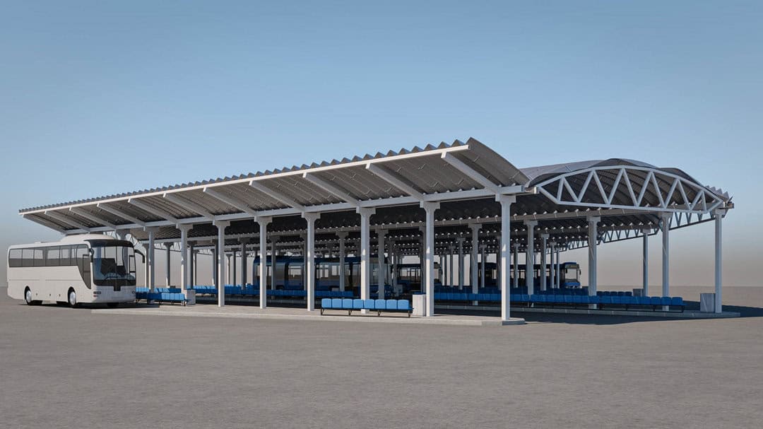 Obloukové ocelové montované haly tvořící zastřešení autobusového nádraží s krytými stáními a moderním architektonickým řešením. Realizace HUPRO SYSTEMS SE.