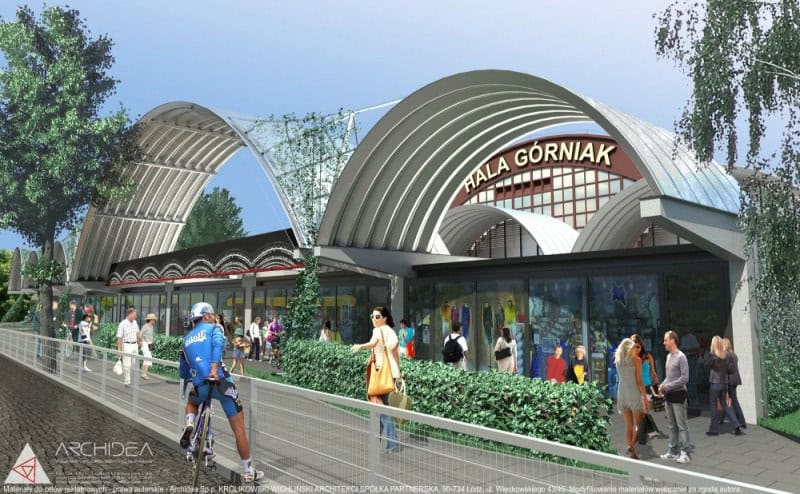 Obloukové ocelové montované haly s moderním designem tvoří vstupní část městské tržnice Hala Górniak. Realizace HUPRO SYSTEMS SE.