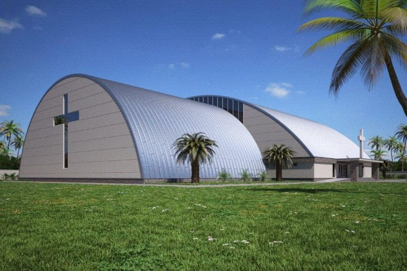 Moderní montovaná oblouková ocelová hala využitá jako kostel, realizace HUPRO SYSTEMS SE.