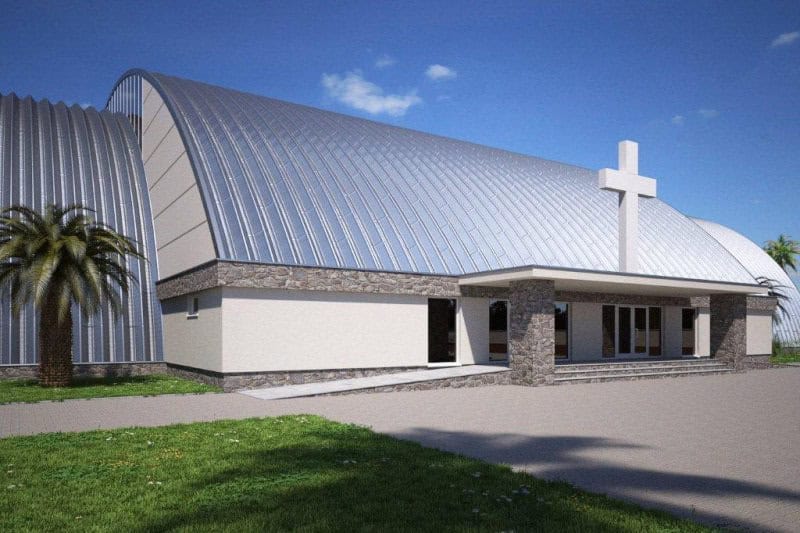Montovaná oblouková ocelová hala využitá jako moderní kostel, realizace HUPRO SYSTEMS SE.
