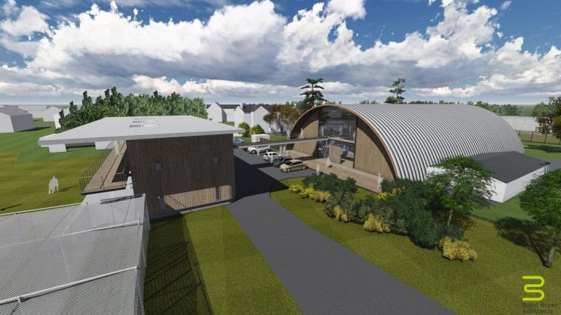 Architektonická vizualizace moderní obloukové ocelové haly na míru s administrativní budovou a parkovištěm, realizace HUPRO SYSTEMS SE