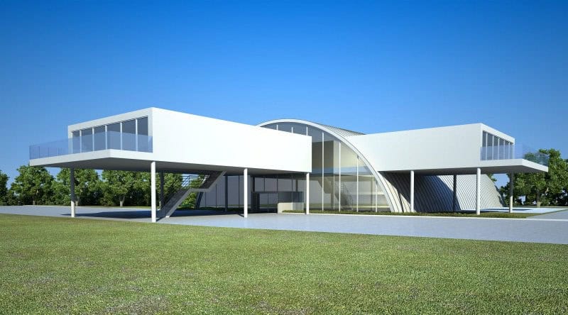 Vizualizace moderní obloukové haly na míru s prosklenou fasádou a kancelářskými moduly, realizace HUPRO SYSTEMS SE