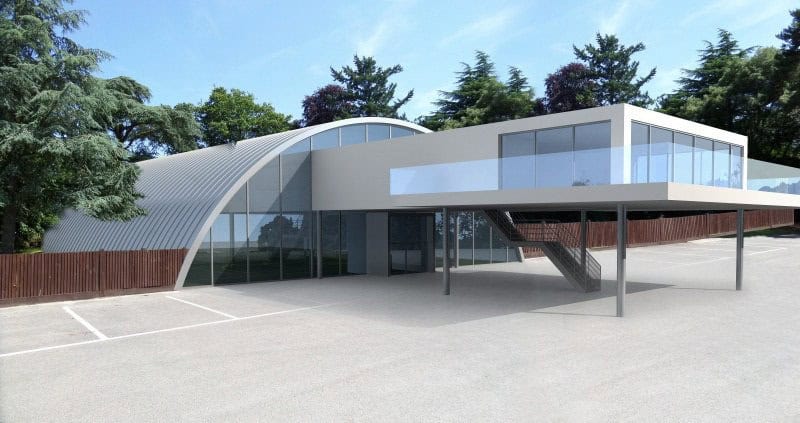 Vizualizace moderní obloukové haly na míru s prosklenou fasádou a kancelářským přístavkem v patře, realizace HUPRO SYSTEMS SE