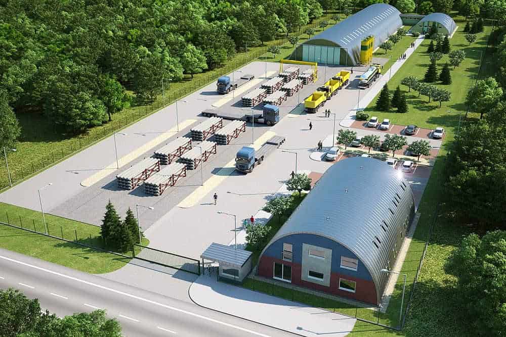 Montované ocelové obloukové průmyslové haly v moderním výrobním a logistickém areálu, realizace HUPRO SYSTEMS SE