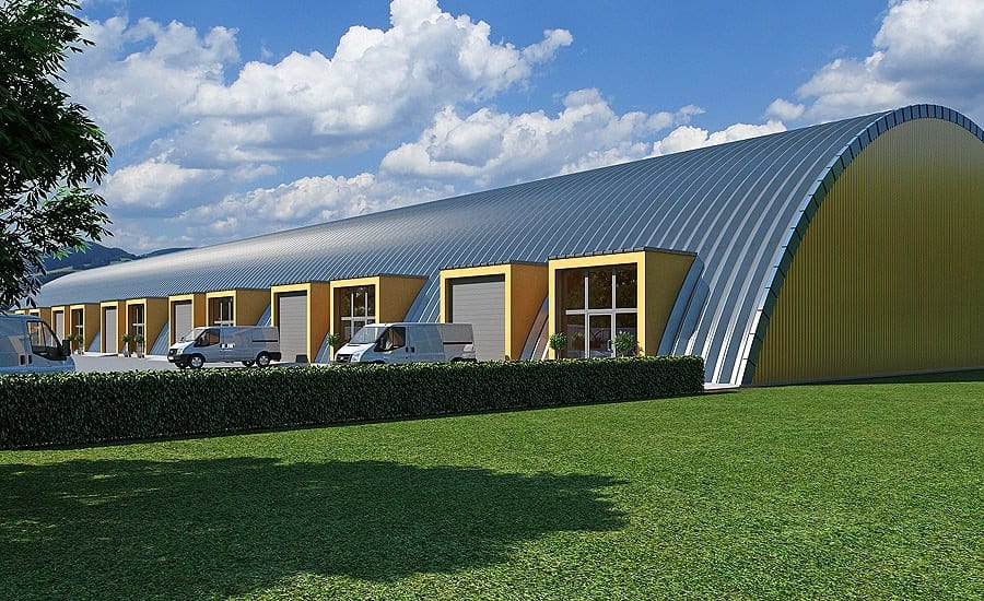 Montovaná ocelová oblouková průmyslová hala s kancelářskými a skladovými prostory, realizace HUPRO SYSTEMS SE