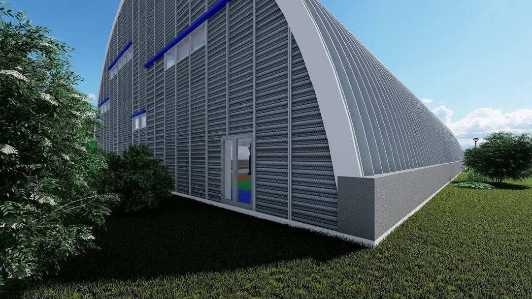 Vizualizace exteriéru moderní sportovní haly s obloukovou střechou a šedým opláštěním, doplněným modrými prvky. Projekt haly realizovaný společností HUPRO SYSTEMS SE.
