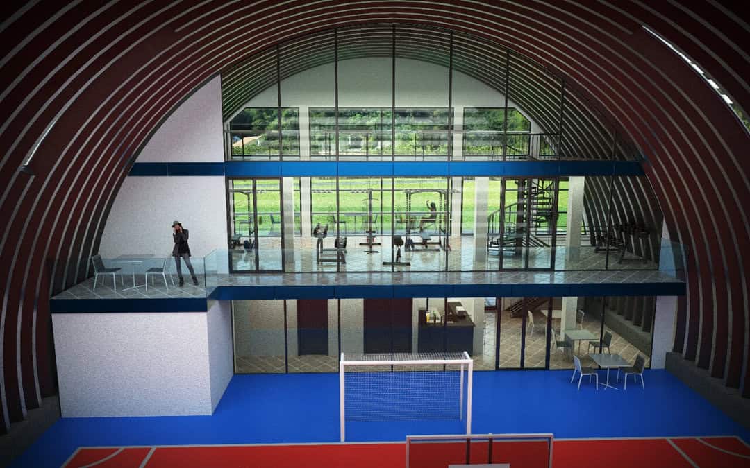 Interiér sportovní haly Kotor – vizualizace s fitness centrem, tribunou a sportovištěm, realizace HUPRO SYSTEMS SE.