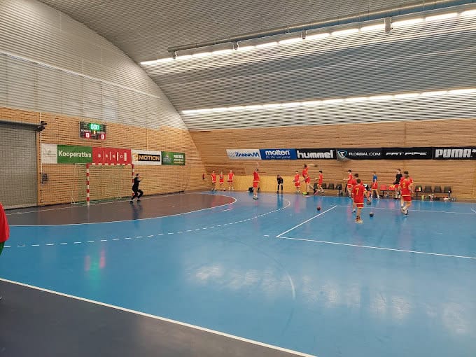 Zápas házené ve víceúčelové sportovní hale v Brně Maloměřicích s modrým povrchem a dřevěným obložením stěn, realizace HUPRO SYSTEMS SE.