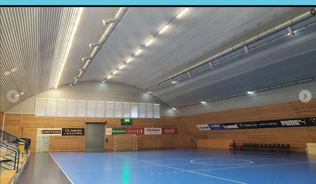 Interiér víceúčelové sportovní haly v Brno Maloměřice s modrým povrchem a dřevěným obložením stěn, realizace HUPRO SYSTEMS SE.