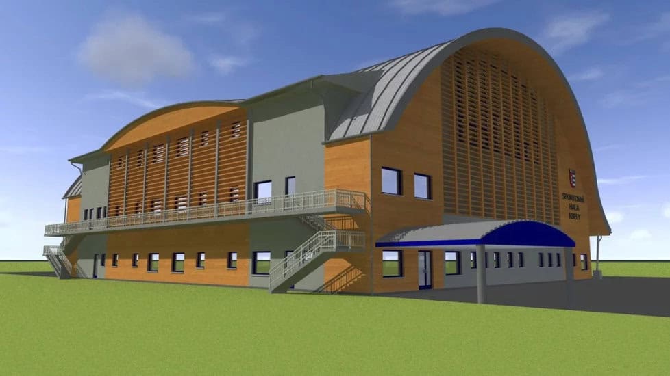 Architektonická vizualizace sportovní haly Praha Kbely, zadní pohled s únikovým schodištěm a obloukovou střechou, návrh projektu HUPRO SYSTEMS SE