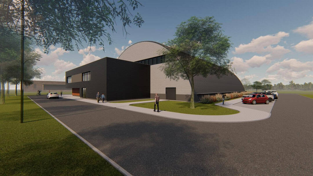 Architektonická vizualizace obloukové sportovní haly Slaný s moderním přístavkem a parkovištěm, projekt oceněný jako Stavba roku 2024, realizace HUPRO SYSTEMS SE