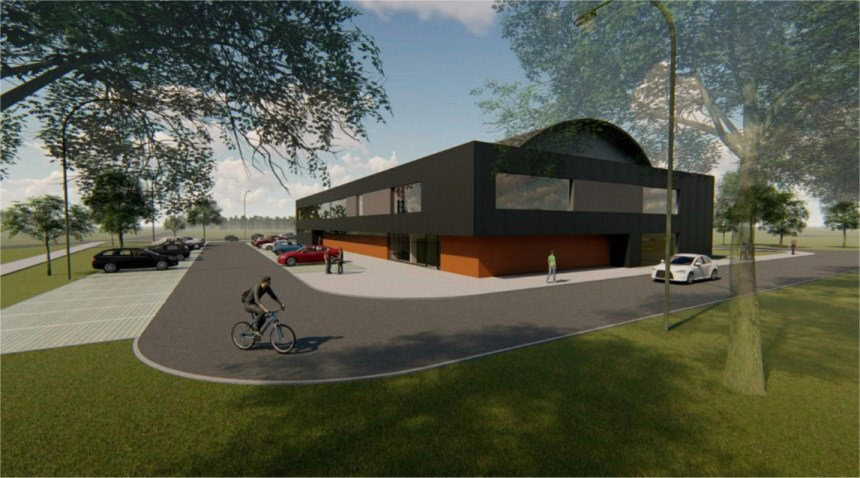 Architektonická vizualizace sportovní haly Slaný s parkovištěm, moderní černou fasádou a cyklistou v popředí, Stavba roku 2024, realizace HUPRO SYSTEMS SE