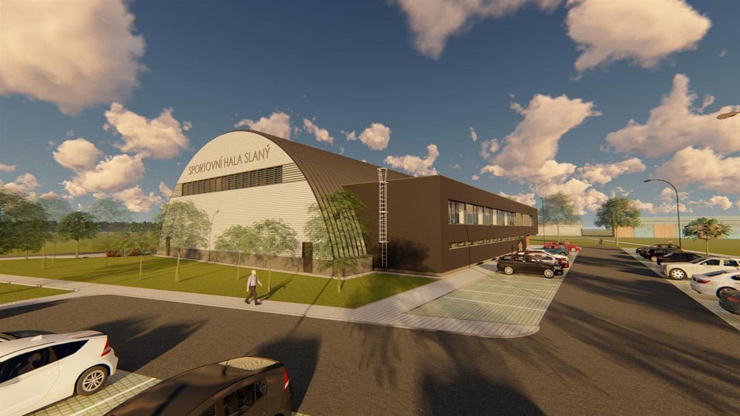 Vizualizace sportovní haly Slaný s parkovištěm a nápisem na fasádě, projekt oceněný jako Stavba roku 2024, realizace HUPRO SYSTEMS SE