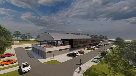 Vizualizace Zimního stadionu Vyškov – moderní oblouková montovaná ocelová hala s parkovištěm a terasou, realizovaná firmou HUPRO SYSTEMS SE.