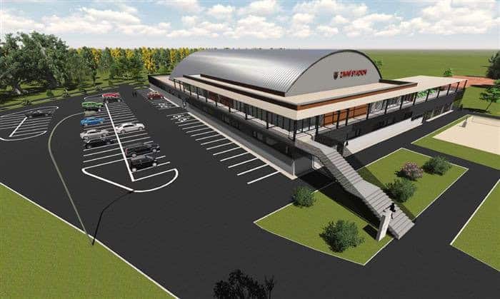 Vizualizace Zimního stadionu Vyškov – moderní oblouková montovaná ocelová hala realizovaná firmou HUPRO SYSTEMS SE. Součástí objektu je restaurace a zázemí pro sport i veřejnost.